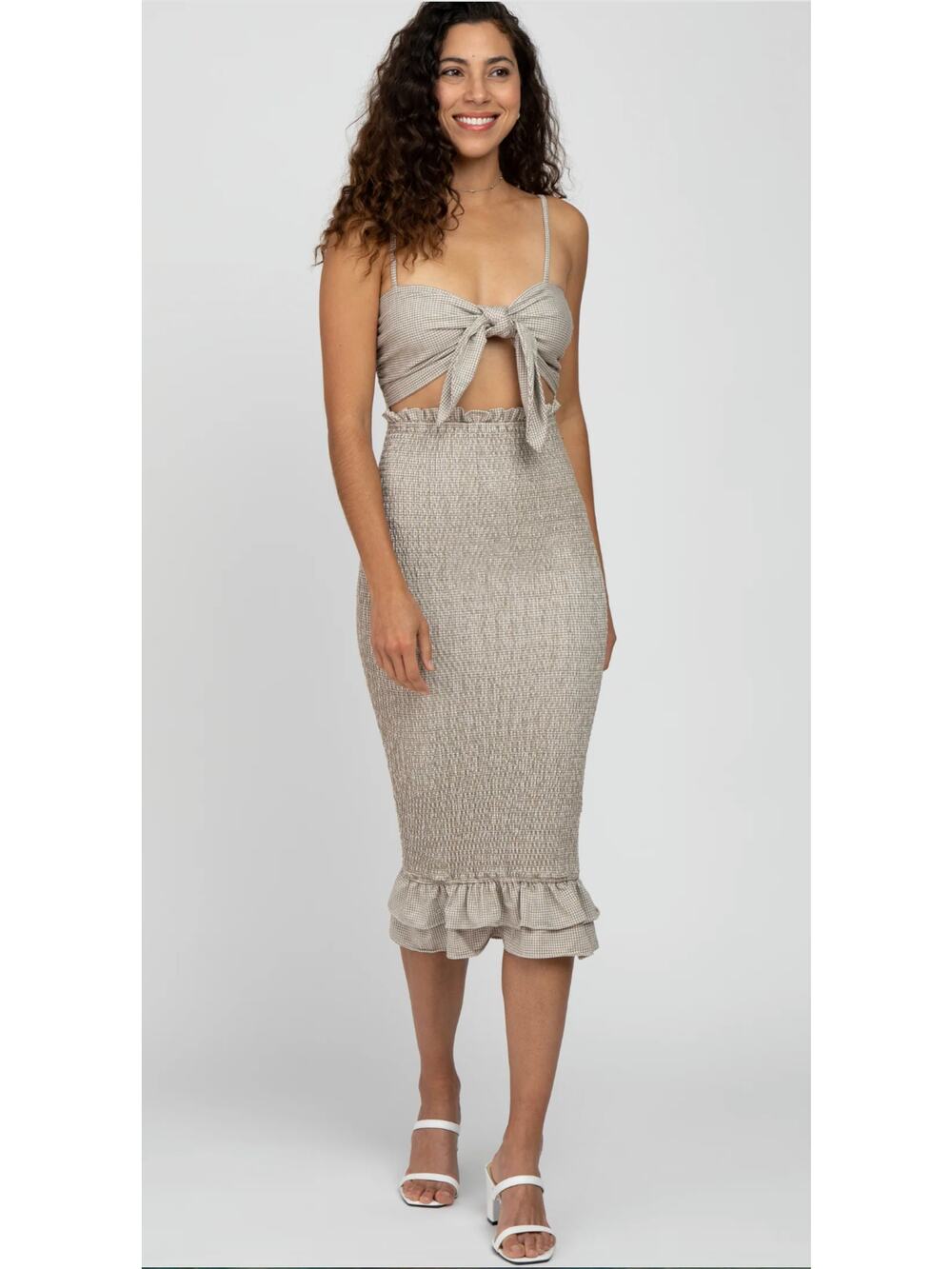 NWOT MABLE Beige Gingham Spaghetti Strap Smocked Tie Front Midi Dress Size S